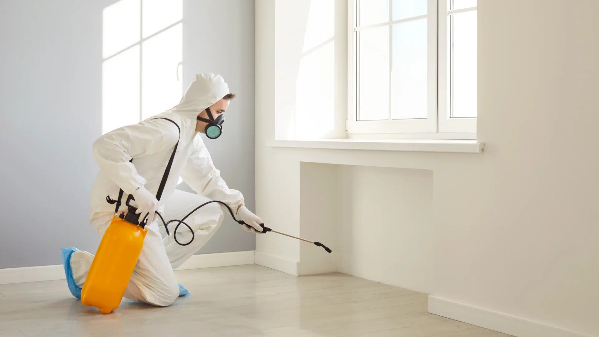 Technicien en combinaison pulvérisant un intérieur