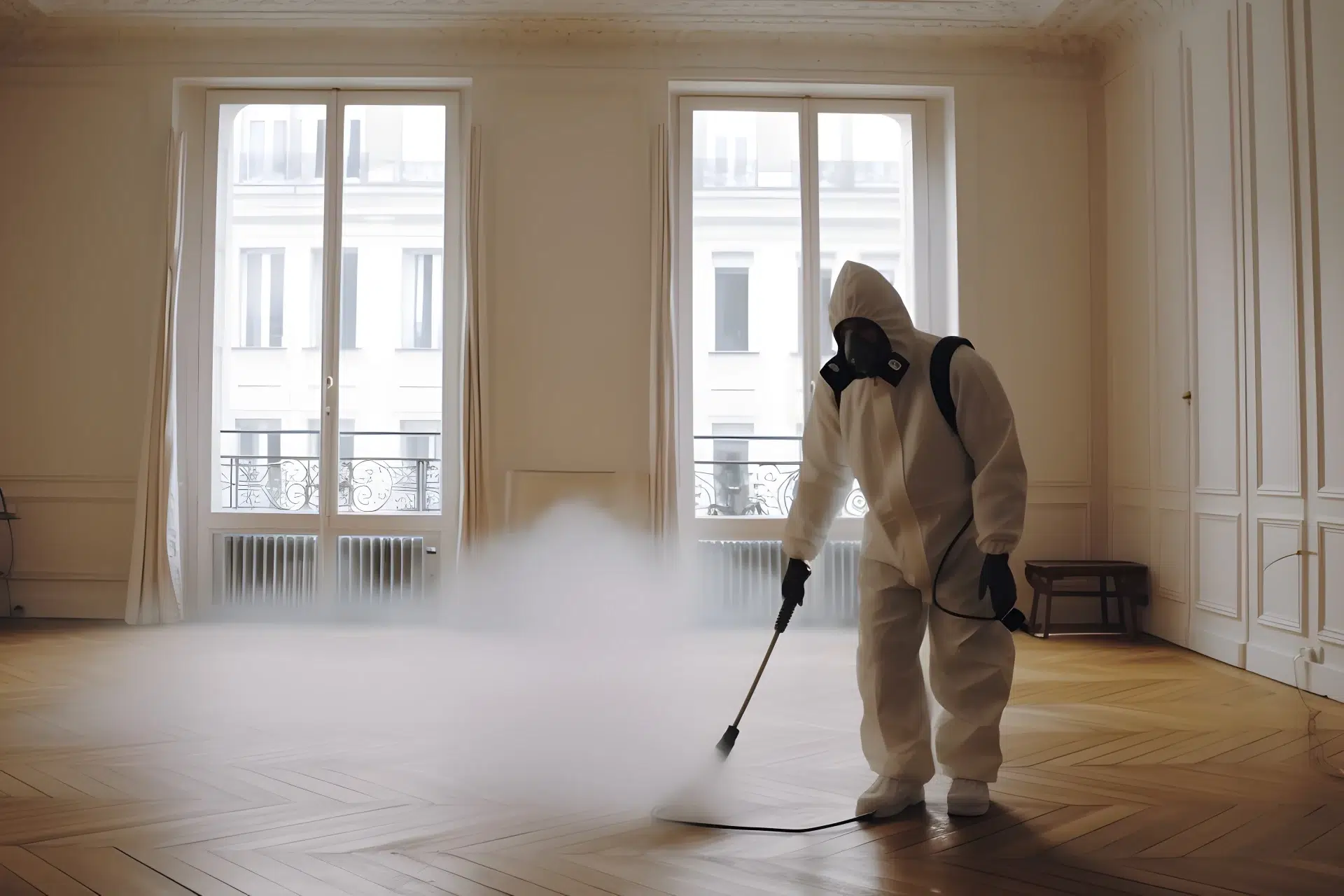 Personne en combinaison désinfectant une pièce