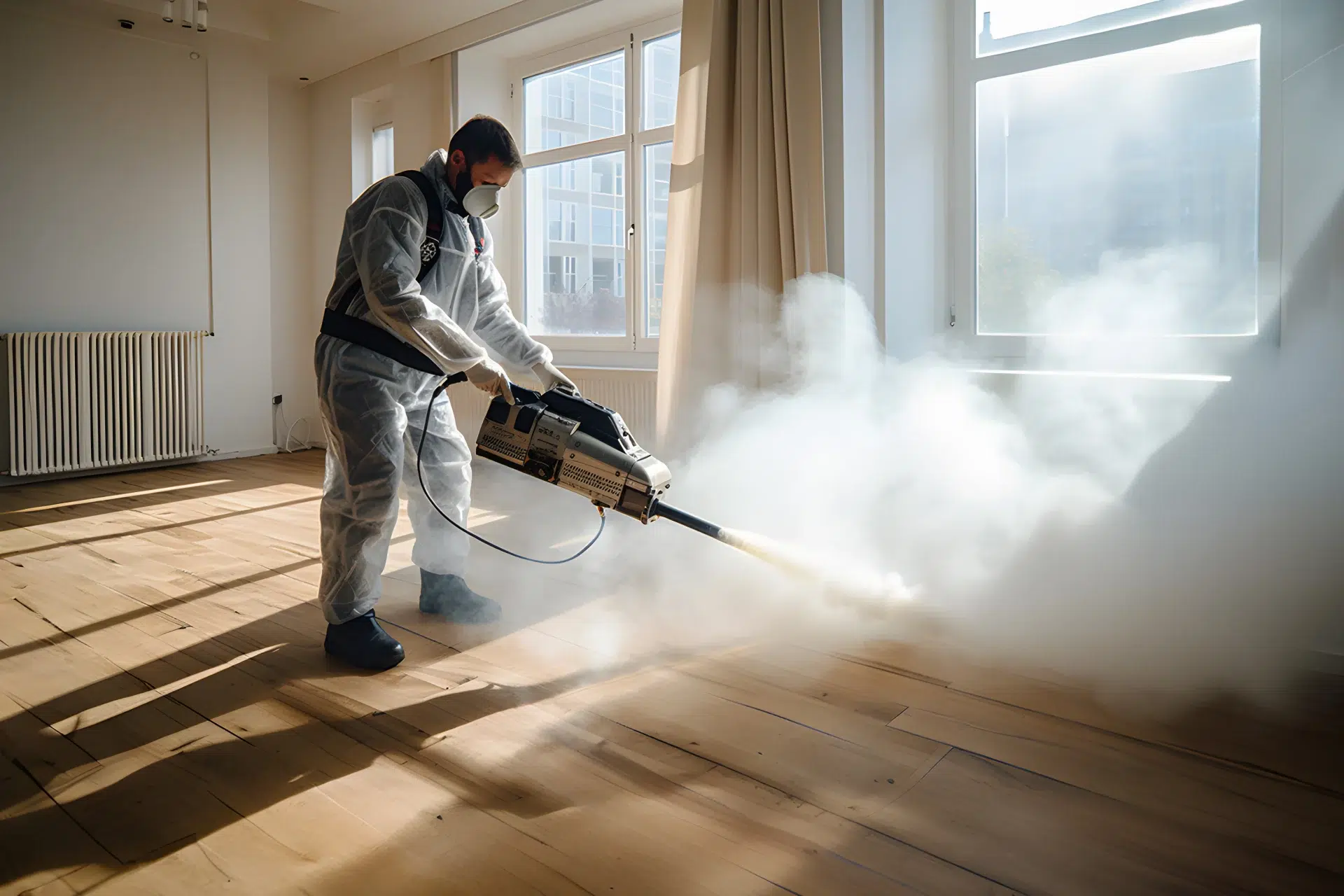 Personne désinfectant une pièce avec un pulvérisateur
